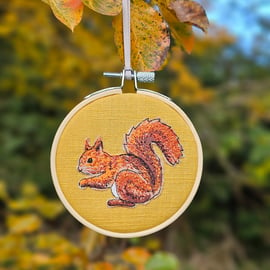 Red Squirrel mini hoop, handmade hanging decoration, embroidered