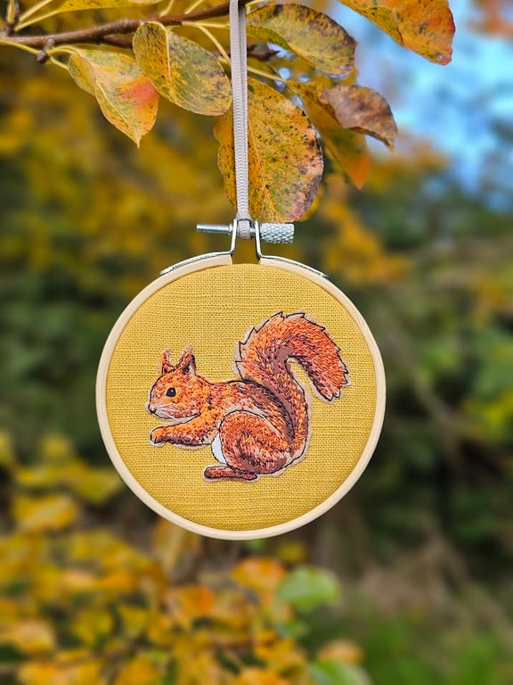 Red Squirrel mini hoop, handmade hanging decoration, embroidered