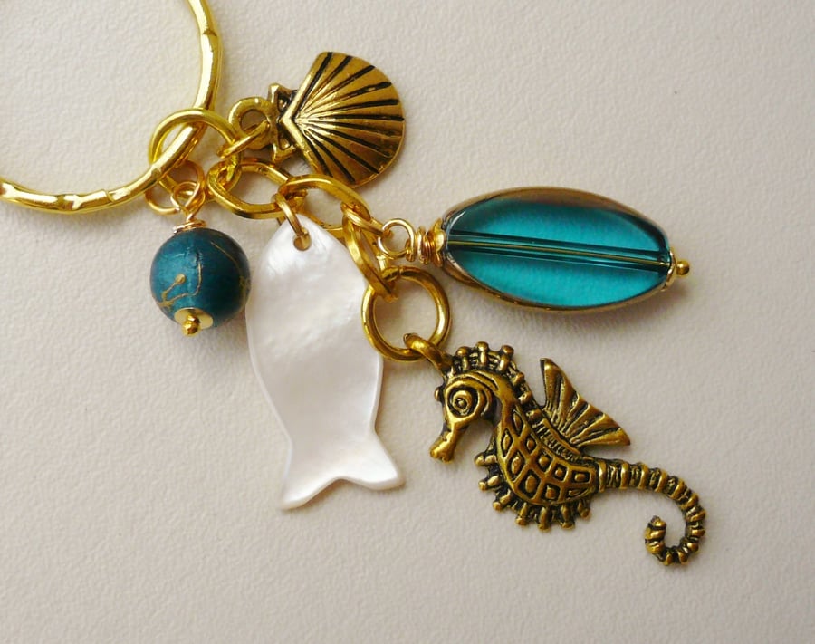 Keyring Bag Charm Blue Glass MoP Gold Plated Sealife   KCJ1045