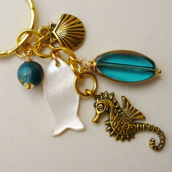 Keyring Bag Charm Blue Glass MoP Gold Plated Sealife   KCJ1045