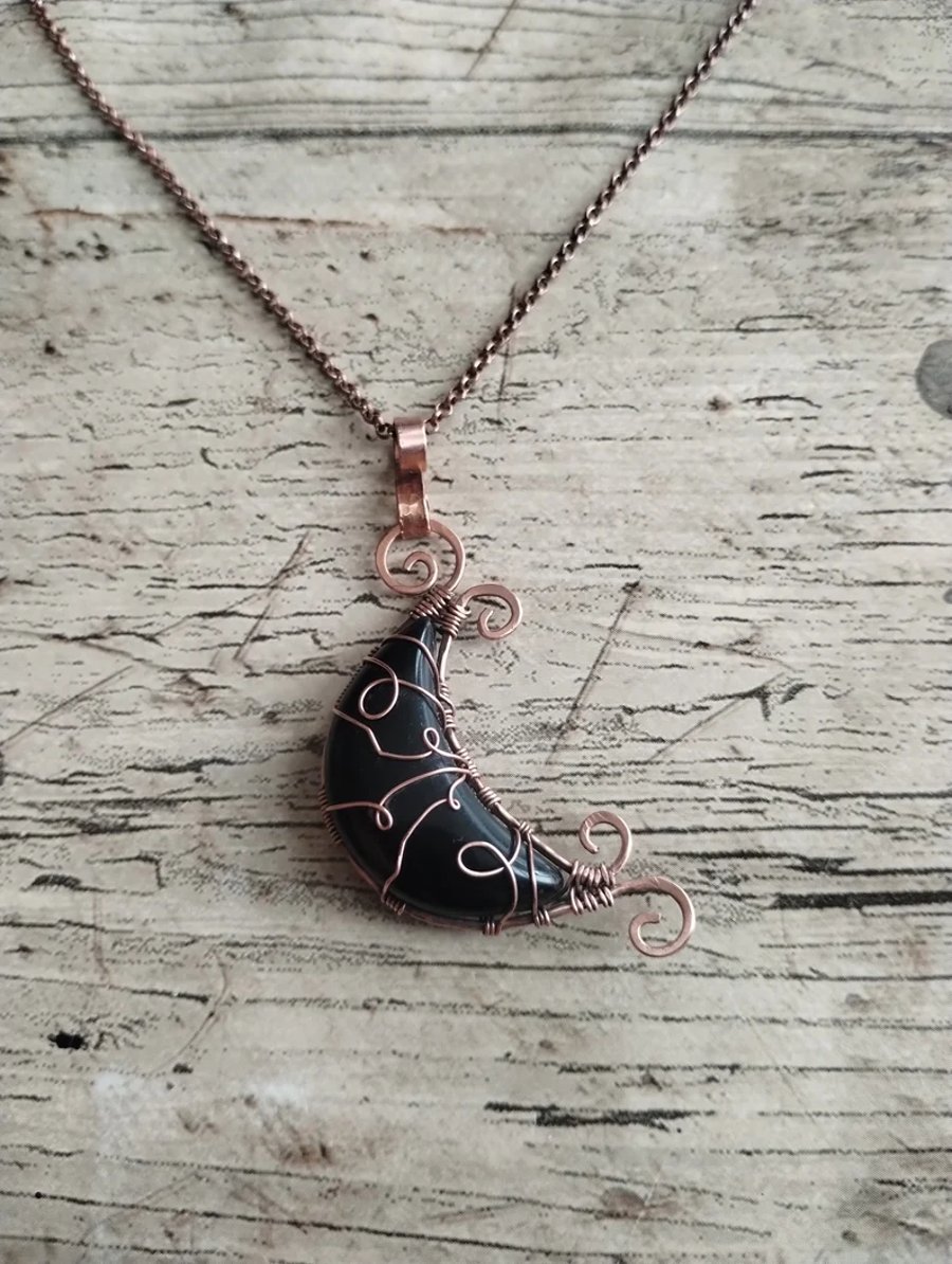 Black Onyx Moon Copper Goth Pendant, Gothic WireWrapped Gemstone Necklace