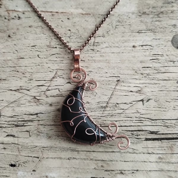 Black Onyx Moon Copper Goth Pendant, Gothic WireWrapped Gemstone Necklace