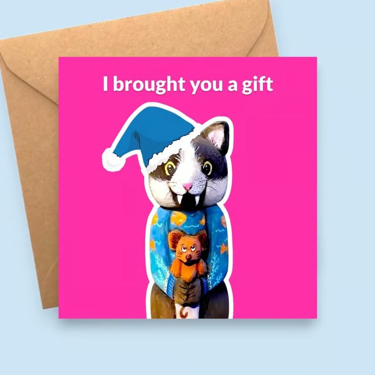 Cat and Mouse Christmas Card - I Brought You A Gift - Funny Pet Christmas Card
