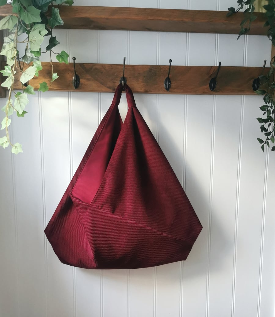 Burgundy Cotton Corduroy Slouchy Origami Bag with Matching Lining
