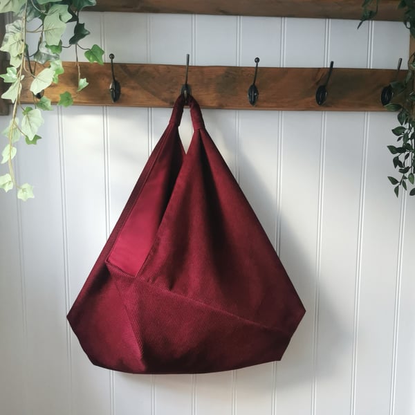 Burgundy Cotton Corduroy Slouchy Origami Bag with Matching Lining