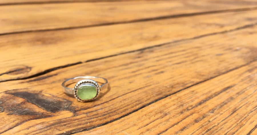 Handmade Welsh UV Green Sea Glass & Silver Ring Size S
