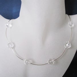 Faceted Clear Rock Crystals & Sterling Silver Curved Tubes Designer Necklace