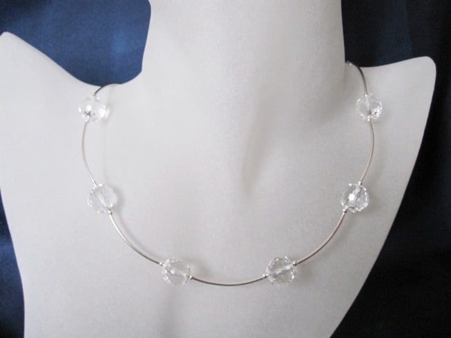 Faceted Clear Rock Crystals & Sterling Silver Curved Tubes Designer Necklace