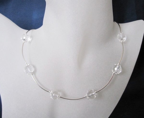Faceted Clear Rock Crystals & Sterling Silver Curved Tubes Designer Necklace