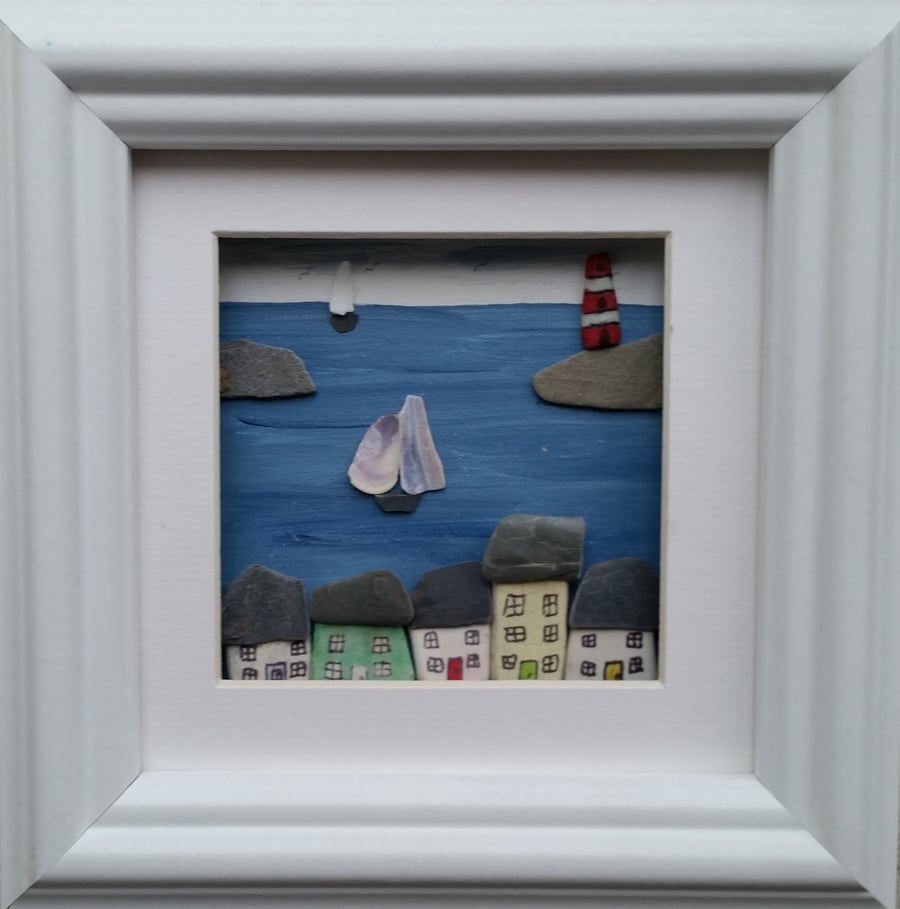 Pebble Art Picture. Mevagissey, Cornwall. Sea Pottery Cottages, Picture Frames,