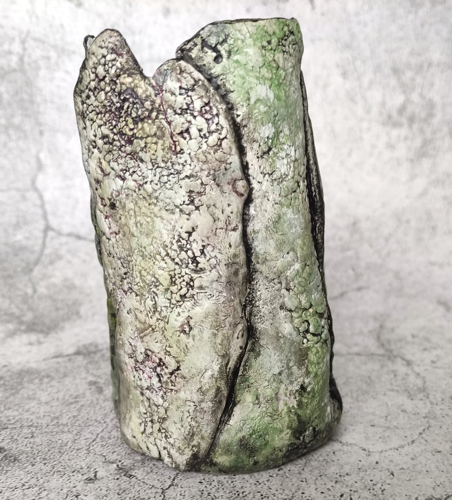 Clay Green Vase, Lichen and Moss, Organic Form, Weathered Vessel