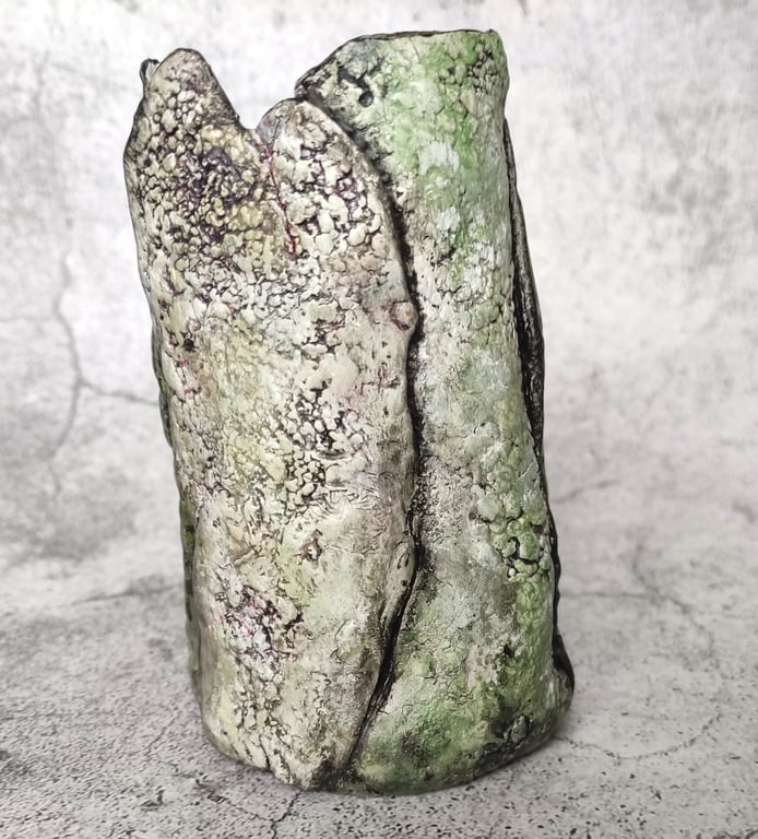 Clay Green Vase, Lichen and Moss, Organic Form, Weathered Vessel