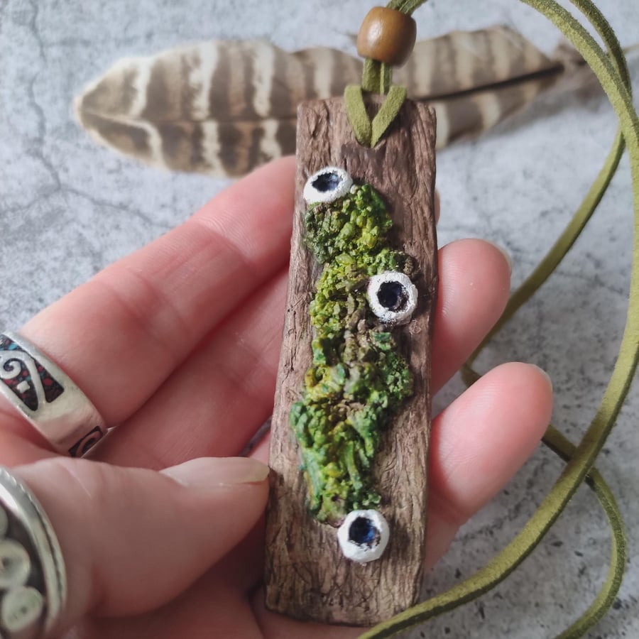 Woodland Fungi Necklace, Clay Puffballs and Moss Pendant, Green Witch Jewellery