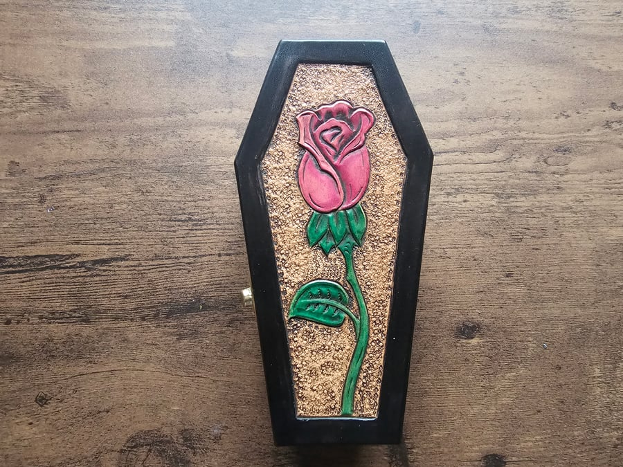 Red Rose Hand Crafted Leather Topped Wooden Coffin Shaped Jewellery Box