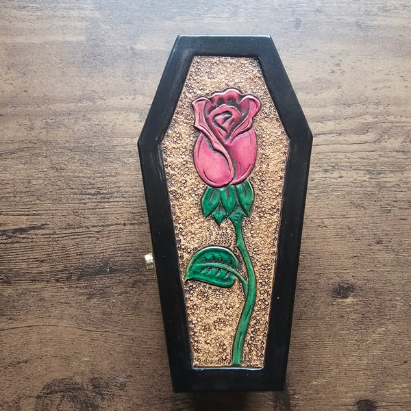 Red Rose Hand Crafted Leather Topped Wooden Coffin Shaped Jewellery Box