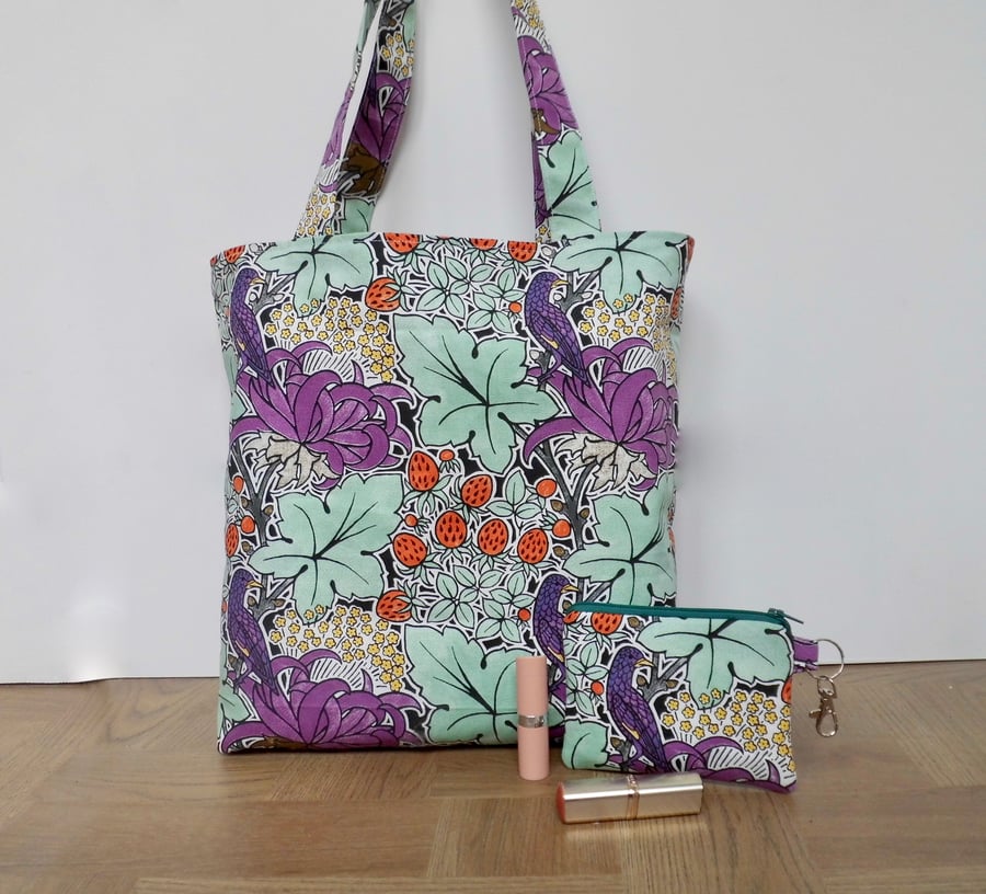  SOLD Tote bag and coin purse matching set purple and green bird print