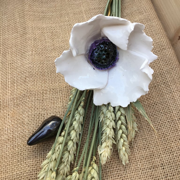 white ceramic poppy, forever flower for arrangement and bouquet keepsake