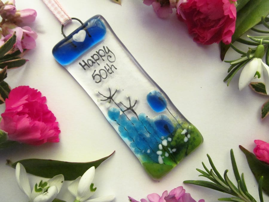 Happy 50th MINI Fused Glass Floral Suncatcher (Blue & Turquoise Country Meadow)