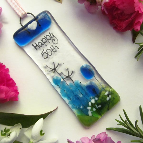Happy 50th MINI Fused Glass Floral Suncatcher (Blue & Turquoise Country Meadow)