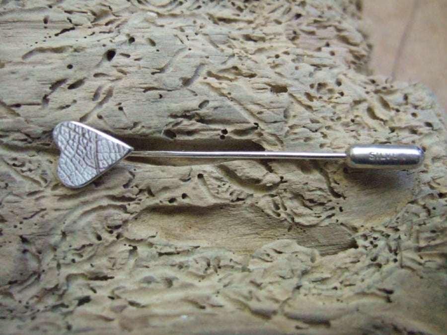 Sterling Silver Leaf Print Heart Pin