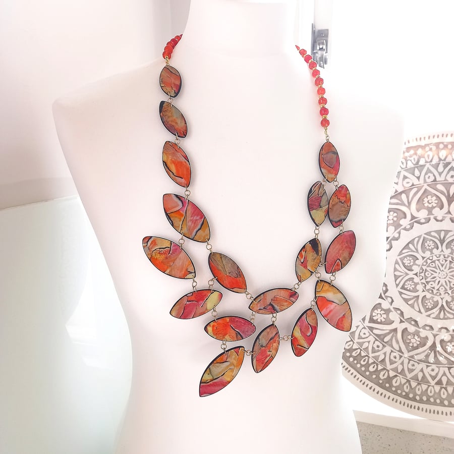 SALE - falling leaves asymmetric opera necklace with carnelian & crackle glass 
