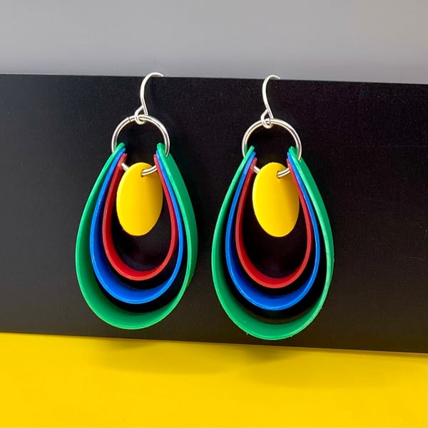 80’s green, red, blue and yellow graduated loop earrings