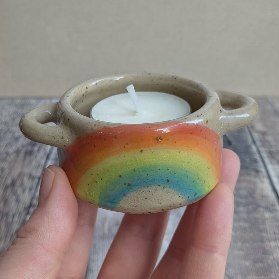 Perfectly imperfect Speckled ceramic tealight holder with rainbow design