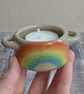 Perfectly imperfect Speckled ceramic tealight holder with rainbow design