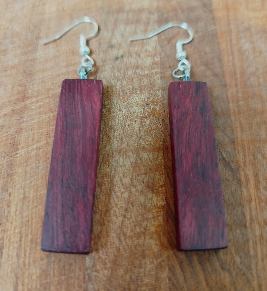Handmade Wooden Earrings - Long Geometric Rectangles in Purpleheart
