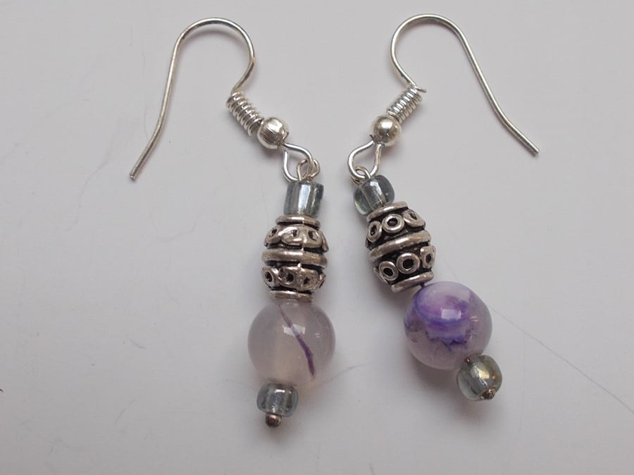 Pale Purpley Grey Glass Bead and Tibetan Silver Earrings