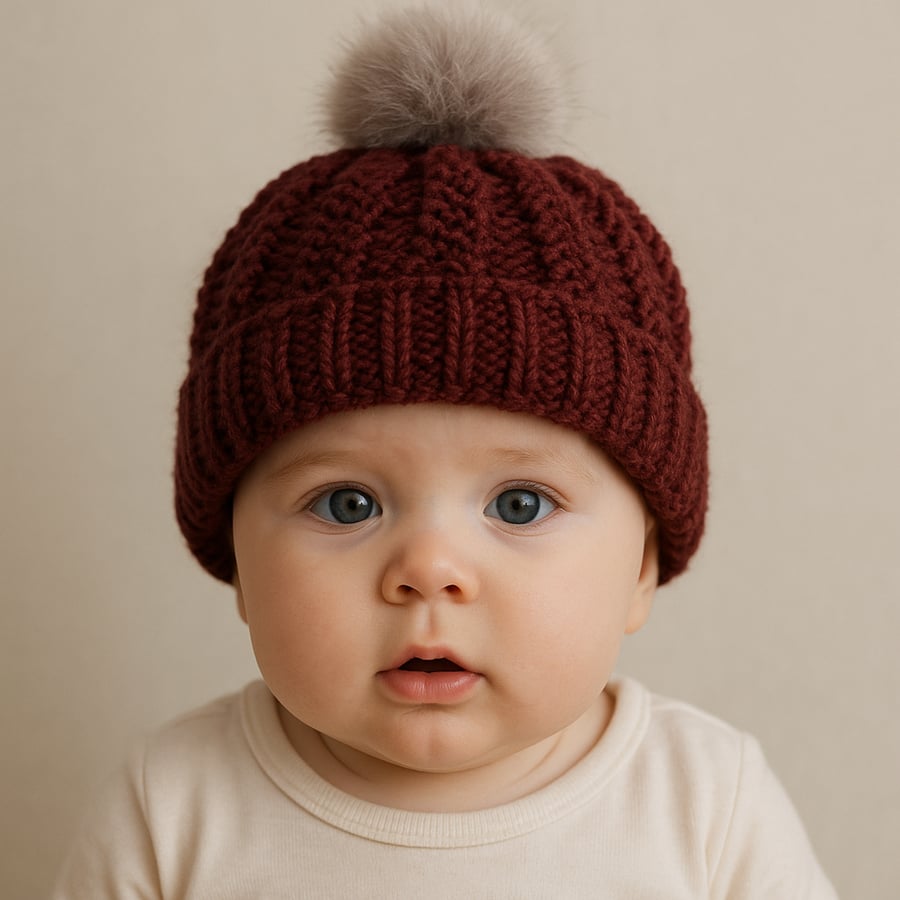 child`s bobble hat in autumn colours with faux fur bobble