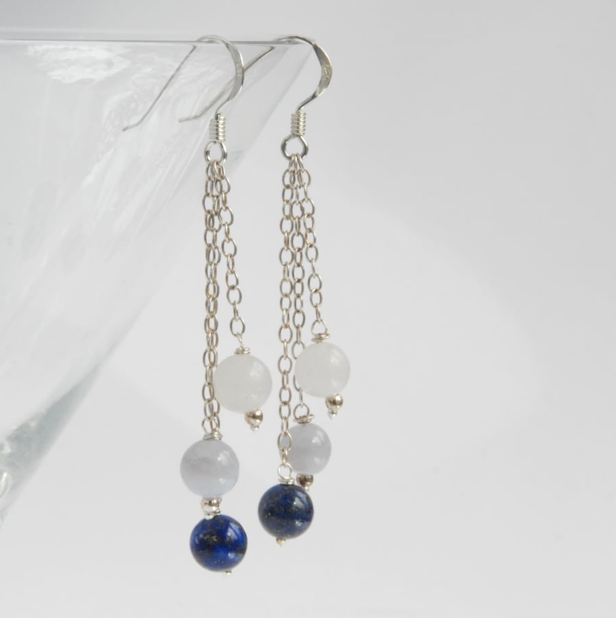 blue and white sterling silver dangle earrings (lapis, lace agate, white jade)
