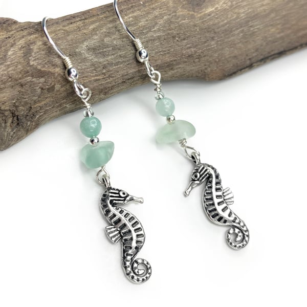 Seahorse Earrings. Green Sea Glass & Amazonite Crystal Beads. Silver Jewellery