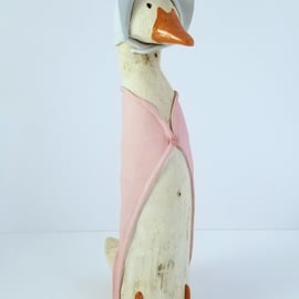 Sculpture Ceramic Puddle Duck, animals, dressed in pink summer wrap & bonnet