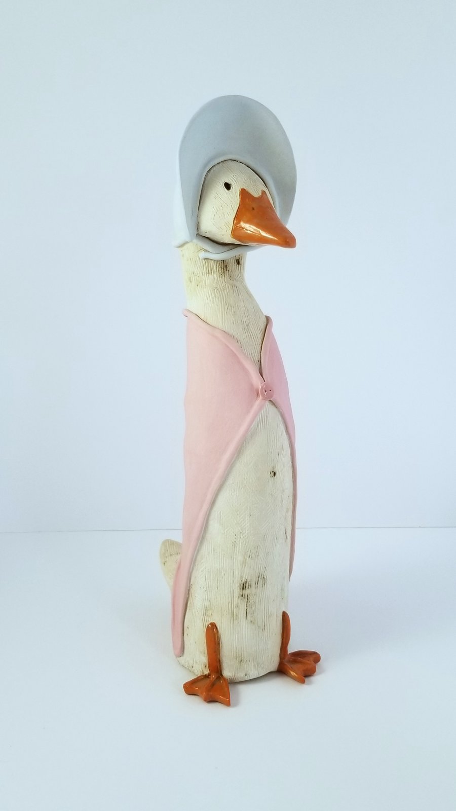 Sculpture Ceramic Puddle Duck, animals, dressed in pink summer wrap & bonnet