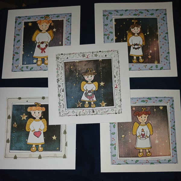 Quirky art set of 5 beautiful handmade Christmas cute quirky angel cards 