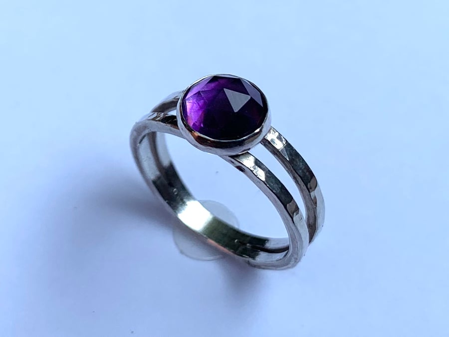 Rose Cut Brazilian Amethyst on Textured Silver Ring. (O to P) 100% handmade 