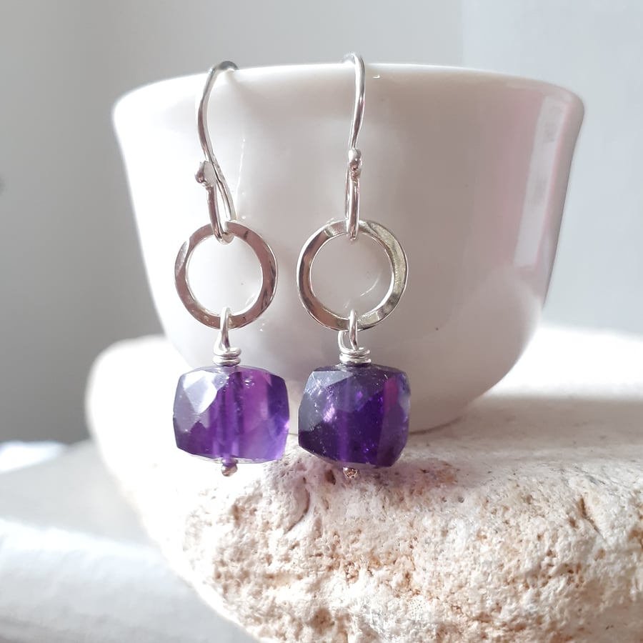 Silver Circle Earrings with Amethyst Cubes