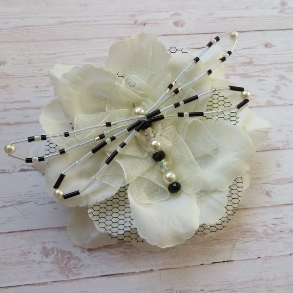 Ivory & Black Dragonfly Bridal Brooch Corsage Buttonhole Wedding