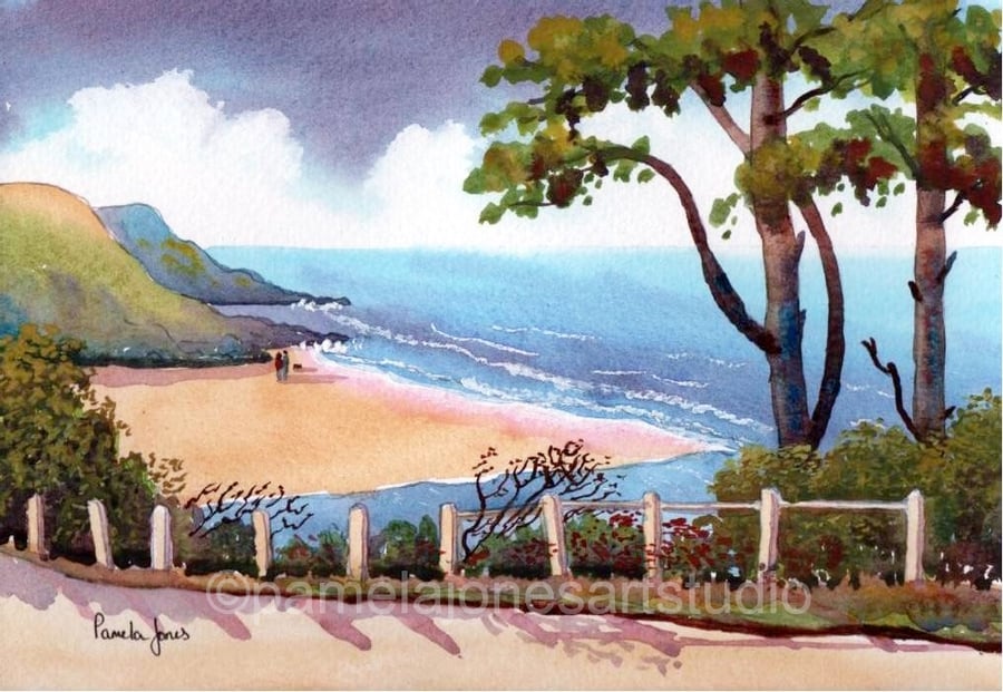 Caswell Bay, Gower, South Wales, Watercolour Print, in 14 x 11'' Mount