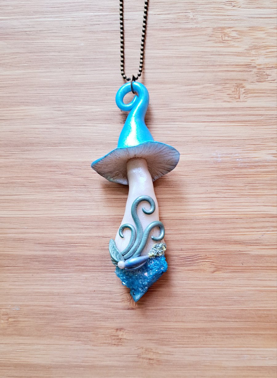 Aqua Aura Druzy Crystal and Polymer Clay Mushroom Amulet Pendant