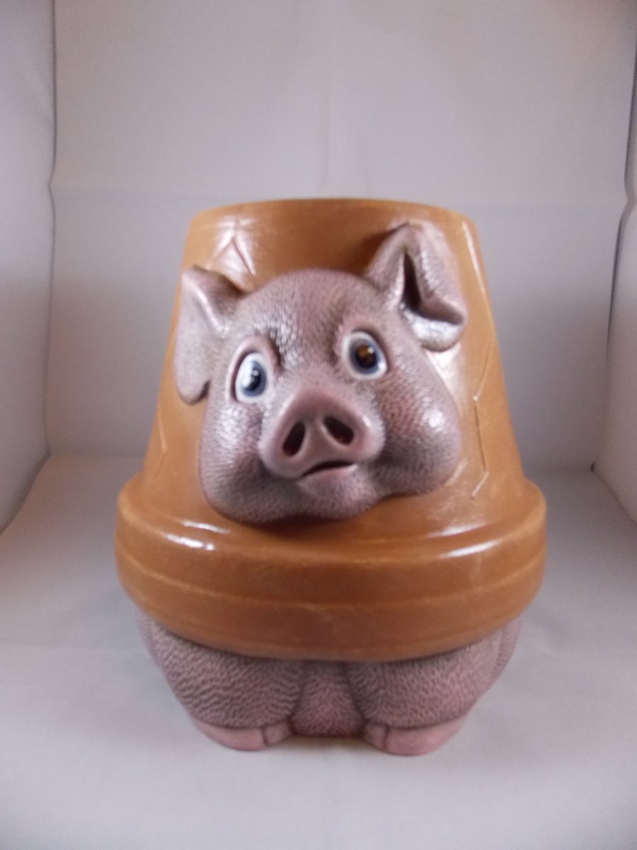 Ceramic Hand Painted Garden Pig Animal Flower Herb Plant Pot Container Planter.