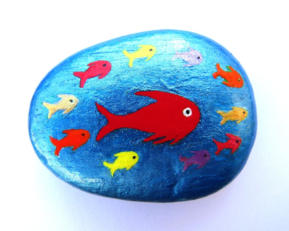 Colourful Fish Painted on Pebble, Kids Gift, Stone Art Magnet (optional)