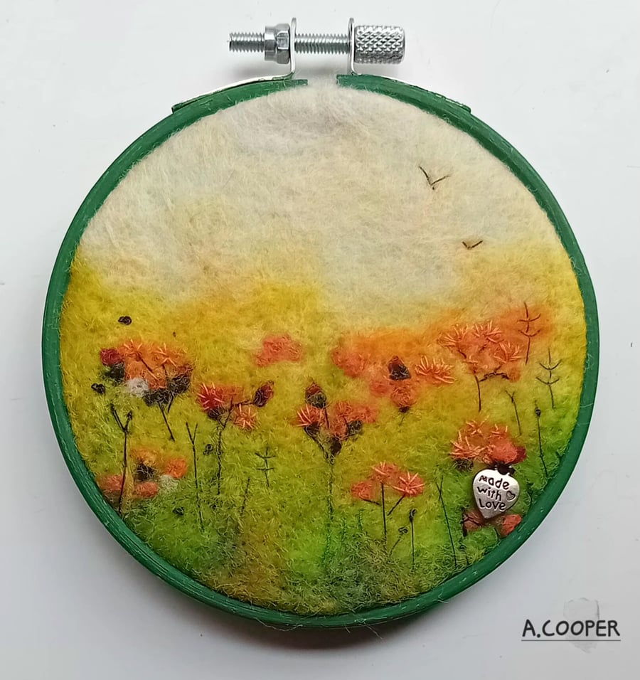 ORANGE HAWKWEED, fox and cubs ,handmade original needle felted wool picture 