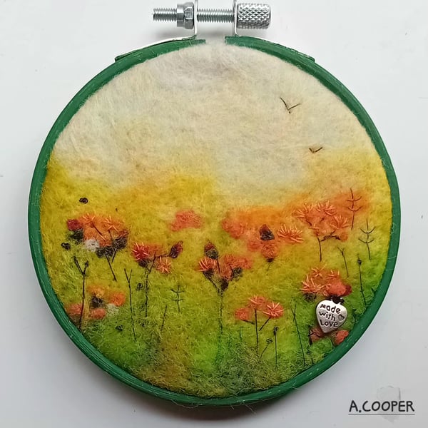 ORANGE HAWKWEED, fox and cubs ,handmade original needle felted wool picture 