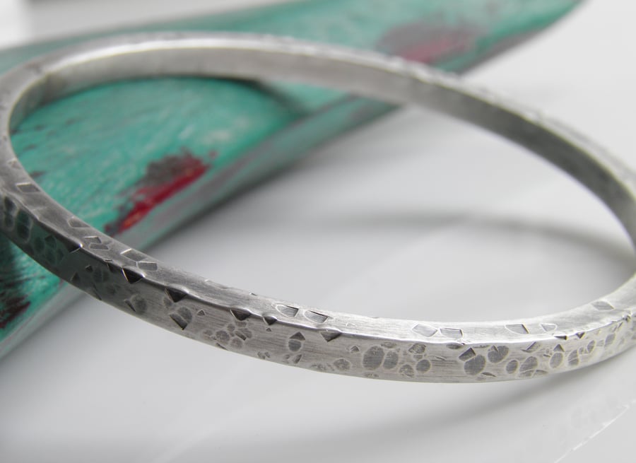 Heavy Sterling Silver Square Wire Bangle, Hammered Design