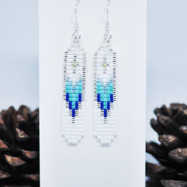 Native American Style Beaded Earrings In Silver, Blue & White