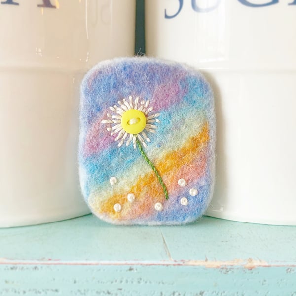 Rainbow Brooch. Daisy Brooch. Flower Brooch. Needle Felt Brooch. Embroidery.