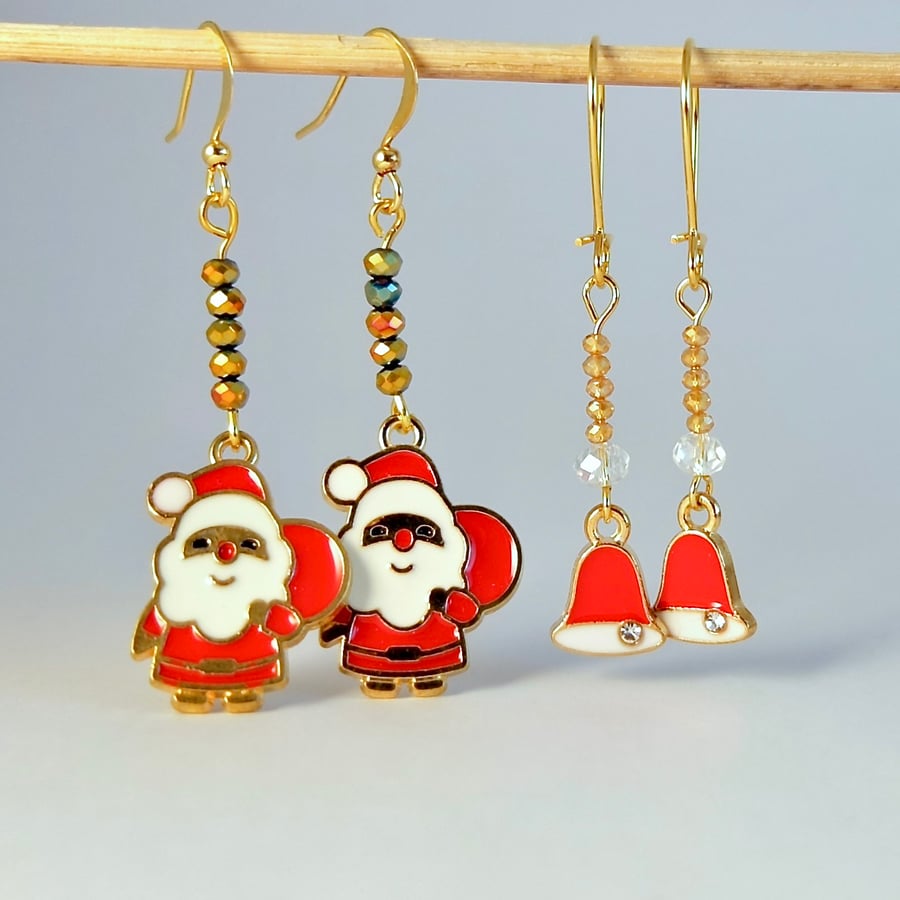 Christmas Earrings 2 Pack, Santa & Bell Charm, Stocking Filler, Secret Santa