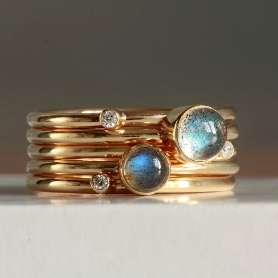  9ct gold Labradorite and Diamond Stacking Rings